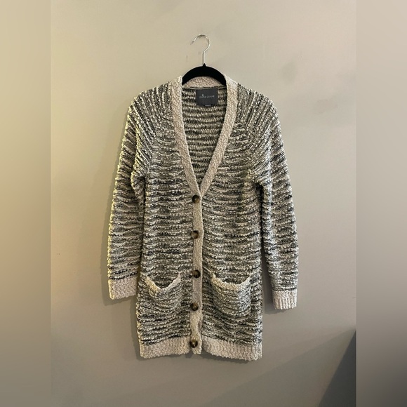 Paper Crane Sweaters - Paper Crane Long Cardigan Tan and Gray Knit Sweater with Pockets